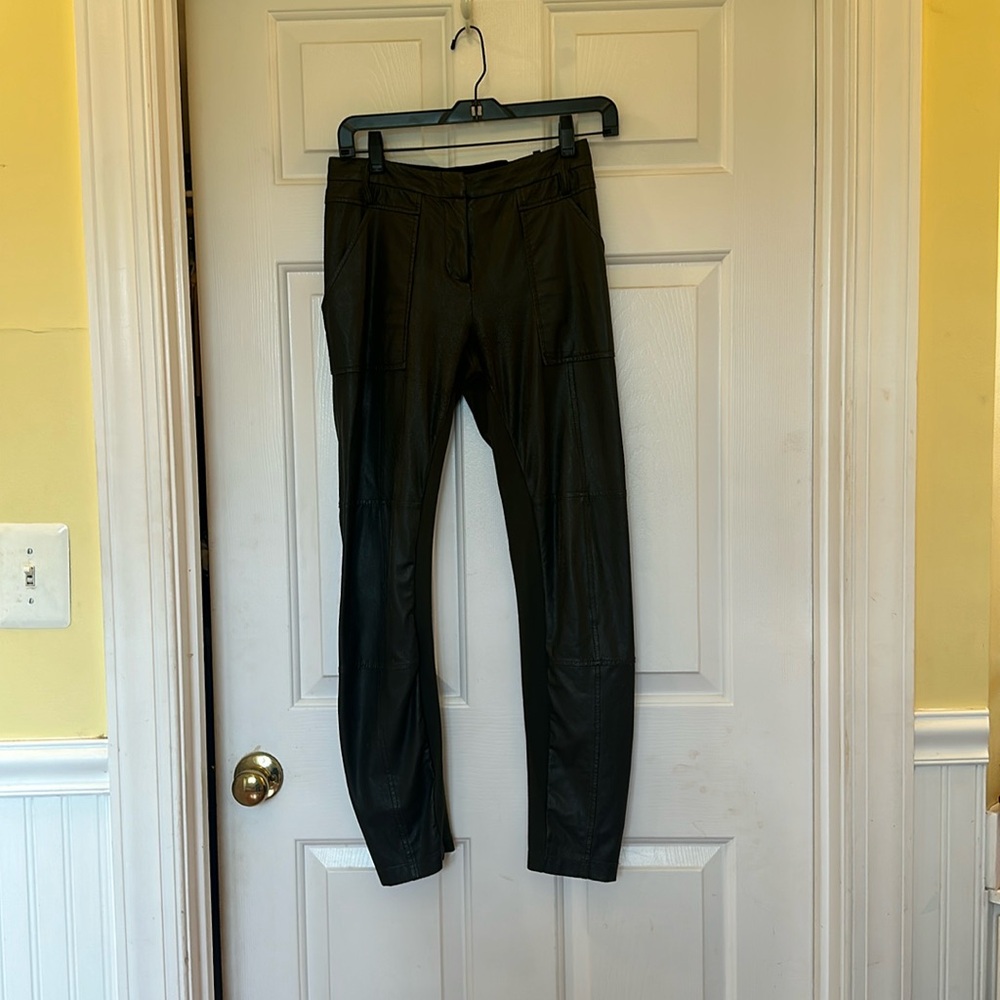 BCBG MAXAZRIA ARMY GREEN PANTS, FAUX LEATHER, WORN IN SOME, SIZE XS